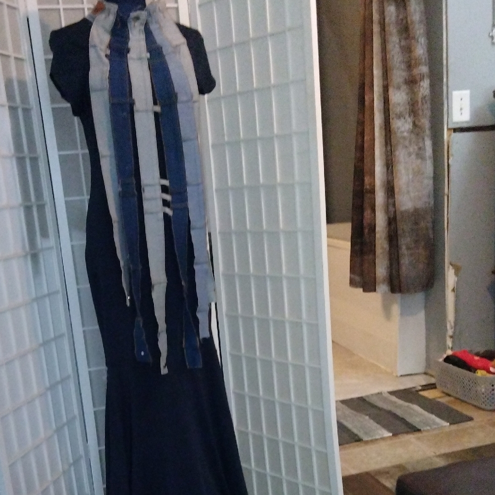 Refurbished Elegant Navy Blue Mermaid Dress with Multicolor Denim Accents